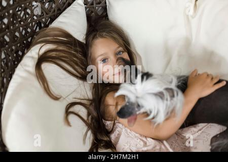 Ragazza con braccio intorno al cane Crested cinese sulla sedia Foto Stock