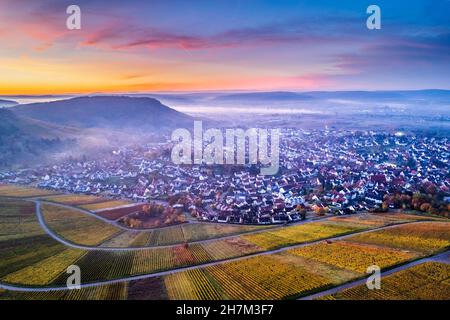 Germania, Baden-Wurttemberg, Korb, Drone vista dei vigneti e la città circostante all'alba d'autunno nebbia Foto Stock