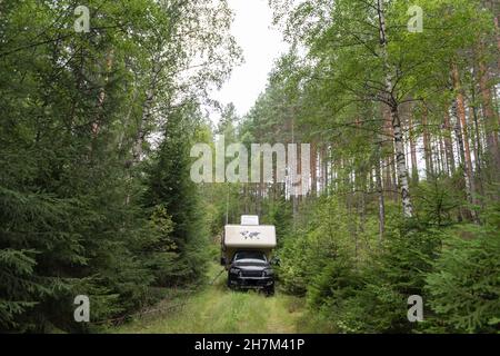 Ford Ranger con cabina add-on profonda nella foresta, vicino a Eksjö, Jönköpimgs Län, Svezia Foto Stock