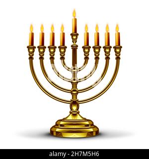 Hanukkah simbolo di menorah o Chanukah candeliere con candele accese come simbolo di fede tradizionale stagionale su uno sfondo bianco come un'illustrazione 3D. Foto Stock