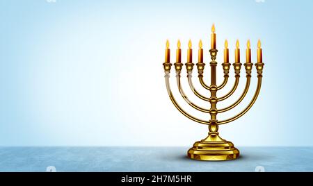 Hanukkah simbolo di menorah o Chanukah candeliere con candele accese come simbolo di fede tradizionale stagionale su sfondo blu come illustrazione 3D. Foto Stock