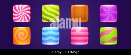 Set di icone delle applicazioni caramelle, pulsanti quadrati dell'interfaccia di gioco, interfaccia del menu cartoon lollipop, blocchi colorati con strisce. Elementi grafici GUI per le impostazioni del pannello utente, illustrazione vettoriale 2d isolata Illustrazione Vettoriale