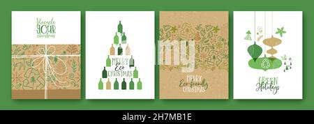 Allegro biglietto d'auguri natalizio illustrazione set di verde decorazione di vacanza disegnata a mano con eco amichevole cartone animato regalo. Collezione di cura della natura per Natale Illustrazione Vettoriale