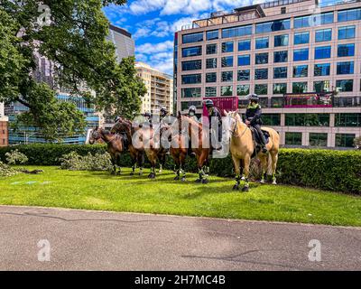 Melbourne, Victoria Australia - Novembre 20 2021: Flagstaff Gardens Park ha montato la polizia in una linea sui loro cavalli mentre supervisionano i protes pacifici Foto Stock