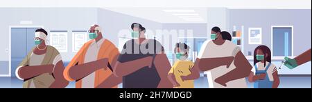 medico mano vaccinando i pazienti di famiglia di multi generazione in maschera medica lotta contro lo sviluppo di vaccino di coronavirus Illustrazione Vettoriale