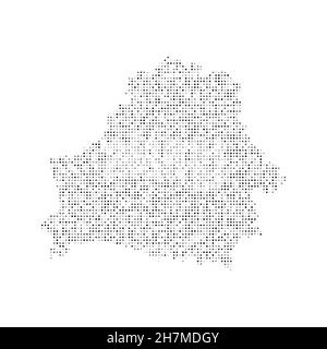 Mappa vettoriale astratta punteggiata in bianco e nero effetto mezzitoni della Bielorussia. Illustrazione vettoriale digitale con disegno punteggiato della mappa del paese. Illustrazione Vettoriale