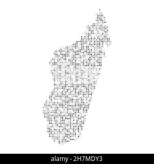Mappa vettoriale astratta punteggiata in bianco e nero effetto mezzitoni del Madagascar. Illustrazione vettoriale digitale con disegno punteggiato della mappa del paese. Illustrazione Vettoriale