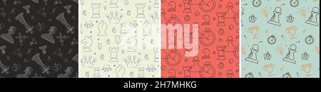 Set di scacchi senza giunture. Texture con diversi elementi in stile doodle. Illustrazione Vettoriale