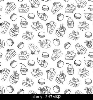 Modello senza cuciture con torte e amaretti. Dessert Doodle su sfondo bianco. Illustrazione vettoriale. Illustrazione Vettoriale