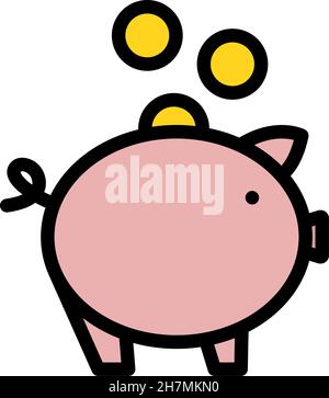 Le monete d'oro cadono nell'icona di Piggy Bank. Contorno grassetto modificabile con disegno riempimento colore. Illustrazione vettoriale. Illustrazione Vettoriale