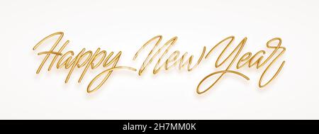 Felice anno nuovo oro realistico 3d iscrizione isolato su sfondo bianco. Lettere per Capodanno e Natale saluti. Illustrazione vettoriale Illustrazione Vettoriale