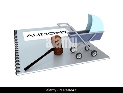 Illustrazione in 3D di SCRIPT DI ALIMONIA su un opuscolo insieme a un carrello del bambino e a un gavel giudice, isolato su bianco. Foto Stock