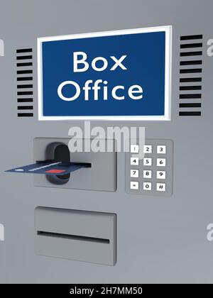 Illustrazione in 3D di un titolo di Box Office su uno schermo del chiosco e una carta di credito è inserita nello slot appropriato. Foto Stock