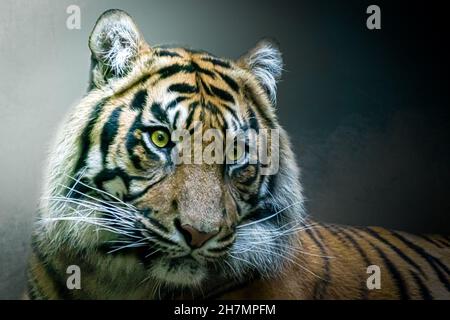 ritratto di una tigre di fronte a uno sfondo verde Foto Stock