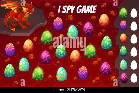 I spy gioco foglio di lavoro di cartone animato rosso drago con uova in grotta. Vector conting puzzle game, bambini istruzione riddle o math test, trovare e contare uova di Illustrazione Vettoriale