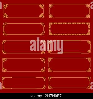 Nodo d'oro cornici e confini asiatici. Decorazioni vettoriali coreane, cinesi e giapponesi. Ornamenti e cornici rettangolari geometriche orientali e linea ar Illustrazione Vettoriale