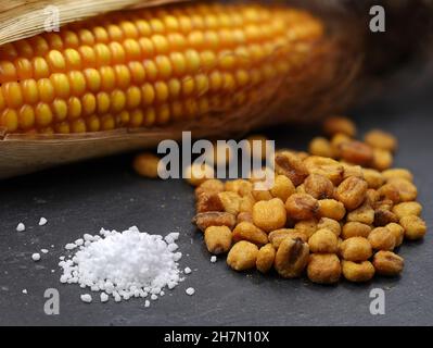 noci di mais arrostite e salate fatte in casa su piatto nero con mais intero sullo sfondo Foto Stock