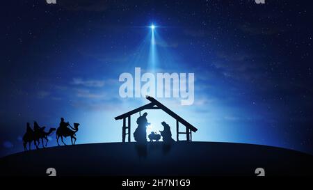 Scena di Natale con stelle scintillanti e stella più luminosa di Betlemme con personaggi natività animati animali e alberi. Natale storia unde Foto Stock