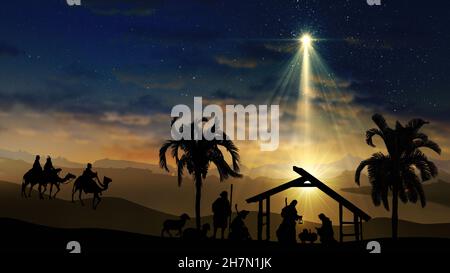 Scena di Natale con stelle scintillanti e stella più luminosa di Betlemme con personaggi natività animati animali e alberi. Natale storia unde Foto Stock