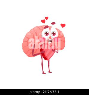 Cervello interno organo cadere in amore isolato divertente personaggio cartoon. Vettore cute cervello emoticon tenendo il cuore in mani, bella intelligente pensatore expressin Illustrazione Vettoriale