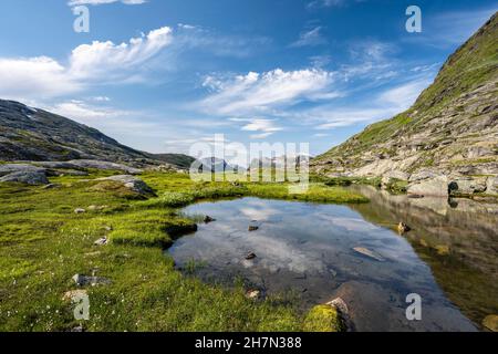 Altopiano con laghetti e paludi, valle glaciale, Geirangerfjord, Geiranger, more og Romsdal, Vestland, Norvegia Foto Stock