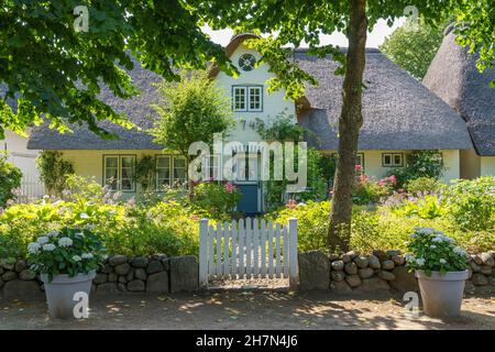 Casa Frisone con tetto in paglia, Nieblum, Foehr, Germania Foto Stock