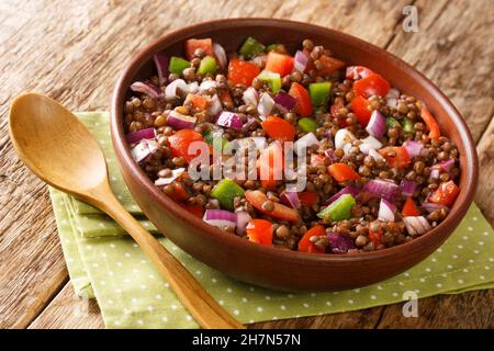 Gustoso insalata verde di lenticchie Azifa da vicino nel piatto sul tavolo. Orizzontale Foto Stock