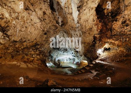 Hohle Fels, geotopo delle grotte nell'Albo Svevo Geopark mondiale dell'UNESCO, Schelklingen, Baden-Wuerttemberg, Germania Foto Stock