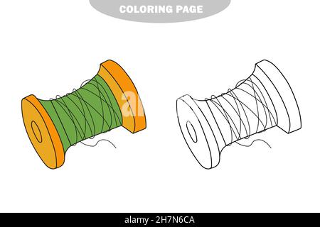 Semplice pagina da colorare. Disegno a mano del vettore illustrazione legno bobina filettatura, libro di colorazione. Versione a colori e in bianco e nero Illustrazione Vettoriale