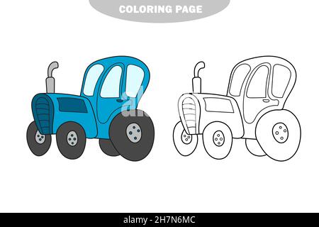 Semplice pagina da colorare. Libretto di colori della vista laterale del trattore. Line Art per bambini. Versione a colori e in bianco e nero Illustrazione Vettoriale