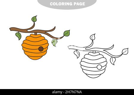 Semplice pagina da colorare. Libro da colorare per bambini, alveare di ape su bianco. Versione a colori e in bianco e nero Illustrazione Vettoriale