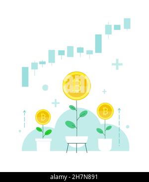 Il tasso del bitcoin criptovaluta è in crescita. Il prezzo va in su, i dividendi vanno up.Invest nel commercio di scambio dalle piante di home.3 nei POT domestici come meta Illustrazione Vettoriale
