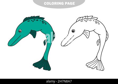 Semplice pagina da colorare. Luccio stilizzato un pesce predatore d'acqua dolce di lunga corporatura. Versione a colori e in bianco e nero Illustrazione Vettoriale