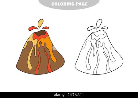 Semplice pagina da colorare. Libro da colorare per bambini - vulcano. Immagine stilizzata lineare vettoriale per la creatività dei bambini. Versione a colori e in bianco e nero Illustrazione Vettoriale