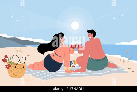 Coppia nell'amore che ha un picnic dal seashore.Young gente seduta, rilassante e bere wine.Romantic data dell'uomo e di una donna sulla spiaggia.Vector appartamento Illustrazione Vettoriale