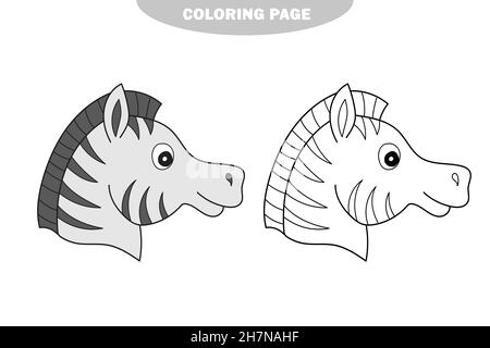 Semplice pagina da colorare. Libro da colorare per bambini - layout zebra per illustrazione vettoriale del gioco su bianco. Versione a colori e in bianco e nero Illustrazione Vettoriale