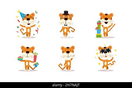 Set di simpatici cuccioli di tigre. Simpatici personaggi per gli adesivi. Tigre in un berretto, cappello, occhiali, con regali. Collezione di gattini mascotte del nuovo anno. Illustrazione Vettoriale