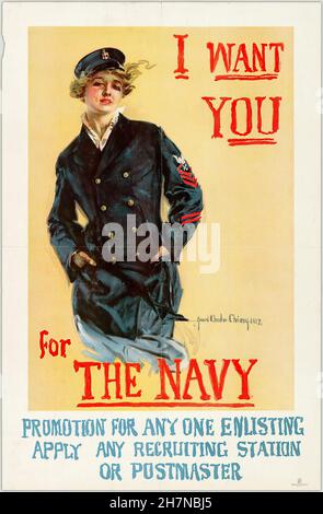 Voglio che tu per la promozione Navy per qualsiasi Arruiting applicare qualsiasi Recruiting Station o Postmaster - Guerra Mondiale Un poster di Propaganda Foto Stock