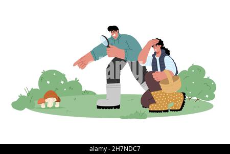 Uomo e donna che osservano, caccia, raccolta di funghi nella caduta nella foresta.l'uomo ha trovato un fungo e punta il suo dito su di esso, la donna è sorpresa. Th Illustrazione Vettoriale