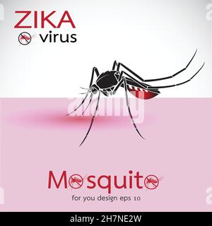 Zanzara succhiare sangue sulla pelle. Diffusione del virus zika e dengue. Fermare la febbre dengue con la zanzara. Epidemia di virus Zika. Vettore stratificato facilmente modificabile il Illustrazione Vettoriale