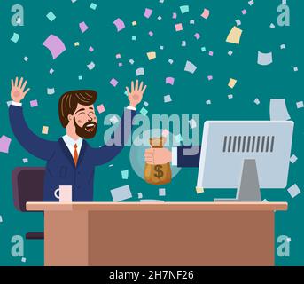 Un uomo d'affari gioioso di successo riceve un sacco di soldi dallo schermo del computer. Guadagna soldi online, successo finanziario, vinci il premio della lotteria. Caduta Illustrazione Vettoriale