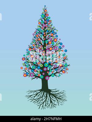 Un'illustrazione vettoriale di un albero di vita o yggdrasil con astratto arcobaleno rotondo fiori. L'albero ha una forma appuntita. Illustrazione Vettoriale