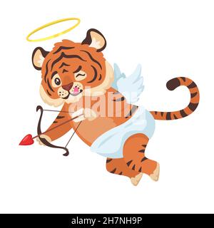 Vettore cute tigre Cupido che punta la loro freccia Illustrazione Vettoriale