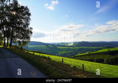 Paesaggio nel Sauerland vicino Oberhenneborn. Vista panoramica della natura verde con colline e boschi. Foto Stock