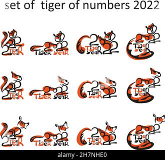 Set di tigri a mano. Illustrazioni della collezione. Zodiaco lunare simbolo del 2022 anno della Tigre. Cinese Capodanno 2022 logo di Natale con tigre Illustrazione Vettoriale