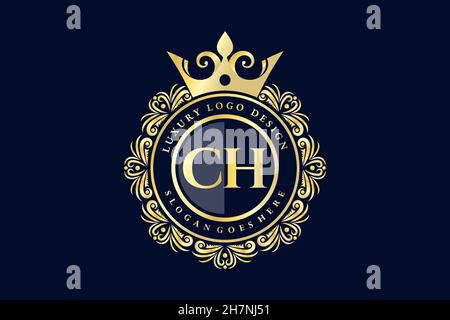 CH Initial Letter Oro calligraphic femminile floreale a mano disegnato araldico monogramma antico vintage stile lusso logo design Premium Illustrazione Vettoriale