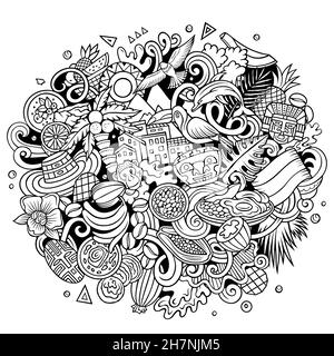 Colombia disegno a mano cartoon doodles illustrazione. Divertente disegno di viaggio colombiano. Sfondo vettoriale creativo. Elementi e oggetti del paese dell'America Latina Illustrazione Vettoriale
