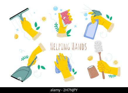Mani in guanti gialli che tengono un pulisce gli attrezzi spazzola della toletta, spugna, spruzzi di finestre, domestico, pulitore di finestre, scraper.pulitori naturali senza chem Illustrazione Vettoriale