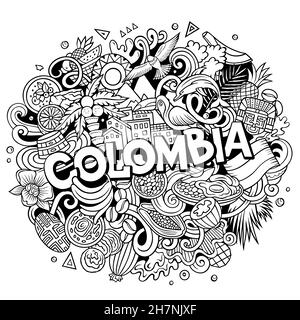 Colombia disegno a mano cartoon Doodle illustrazione. Divertente design colombiano. Sfondo vettoriale creativo. Testo scritto a mano con elementi latino-americani e. Illustrazione Vettoriale