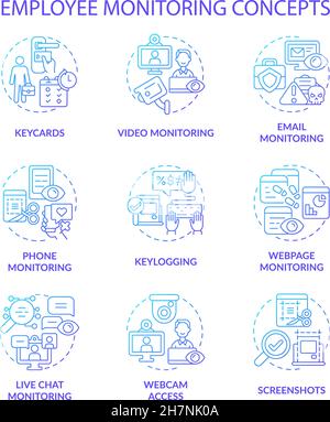 Set di icone di concetto di gradiente blu per il monitoraggio dei dipendenti Illustrazione Vettoriale